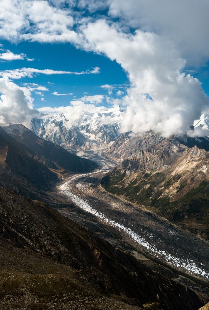 Photograph of a glacier in the Hoper Valley region of Nagar, Gilgit-Baltistan, Pakistan.